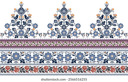 Blossom Floral traditional cross-stitch Embroidery pixel Geometric ethnic pattern. Romanian, Ukrainian, Slavic ornament style.Detailed Vector for border, neckline embroidery, neckline design, textile.