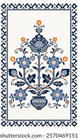 Blossom Floral traditional cross-stitch Embroidery pixel Geometric ethnic pattern. Romanian, Ukrainian, Slavic ornament style.Detailed Vector for carpet tile, embroidery, wallpaper, print, textile.