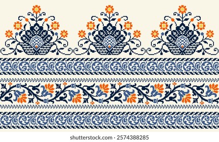 Blossom Floral traditional cross-stitch Embroidery pixel Geometric ethnic pattern. Romanian, Ukrainian, Slavic ornament style.Detailed Vector for border, neckline embroidery, neckline design, textile.