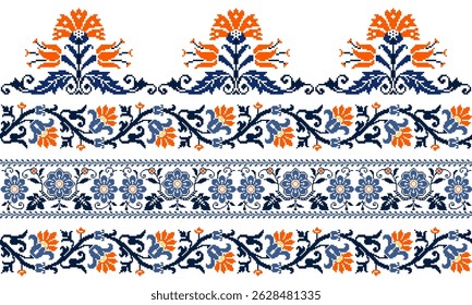 Flor Floral tradicional ponto-cruz bordado pixel Geometric padrão étnico. Romeno, ucraniano, estilo de ornamento eslavo.Vetor detalhado para borda, bordado decote, design decote, têxtil.