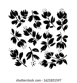 Blossom floral vector collection. Blooming botanical motifs clip art elements. Hand drawn ink brush illustration. Small flowers and leaves. Elegant flower for fashion print, textile, fabric, gift wrap