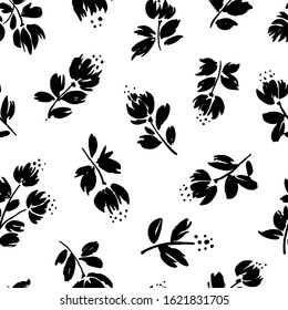 Blossom floral vector seamless pattern. Blooming botanical motifs background. Hand drawn ink brush illustration. Small flowers and leaves. For fashion, textile prints, fabric, gift wrap, wall design