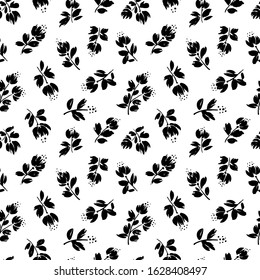 Blossom floral vector seamless pattern. Blooming botanical motifs background. Hand drawn ink brush illustration. Small flowers and leaves. For fashion, textile prints, fabric, gift wrap, wall design