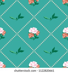 Blossom floral vintage seamless pattern. Blooming botanical motifs scattered random. Vector texture for fashion prints. Hand drawn peonies with leaves on blue background with polka dots. Retro style