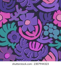 Blossom and flourishing, leaves and floral decoration. Vibrant flowers in bloom, petals and buds, shrubs and branches twig. Seamless pattern, wallpaper print or background. Vector in flat style
