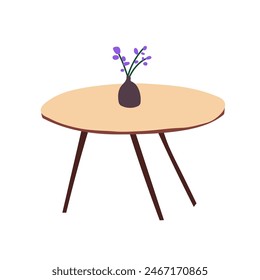 Flor en flor en jarrón de cerámica se encuentra en la mesa de centro de madera. Planta casera en maceta de arcilla con pequeños brotes en muebles modernos. Decoración interior floral. Ilustración vectorial aislada plana sobre fondo blanco