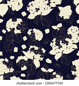 Blossom flower hydrangea on seamless pattern. Mop head hydrangea flower pattern. Beautiful blue flowers. Vector illustration.