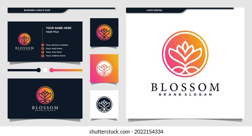Blossom flower logo design with unique bright gradient style and business card Premium vector