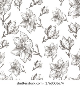 Blossom of flower on stem seamless pattern of monochrome sketch outline. Colorless flora, floral ornament or decoration. Print with blooming petals, elegant flourishing, vector in flat style