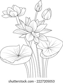  blossom flowers and branch vector illustration. hand Drawing vector illustation for the coloring book or page Black and white engraved ink art, for kids or adults.
