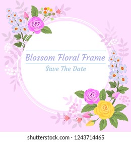 Blossom flowers in cilcle frames invitation card.