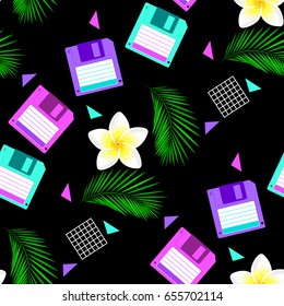 Blossom frangipani flowers, floppy disc and palm leaves on a black background. Kitsch aesthetic seamless pattern. Incompatible elements. Vaporwave trendy style, seapunk. Vector illustration EPS 8