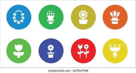 conjunto de iconos de flor. 8 iconos de flor rellenos. Flor, Bouquet, iconos de girasol incluidos
