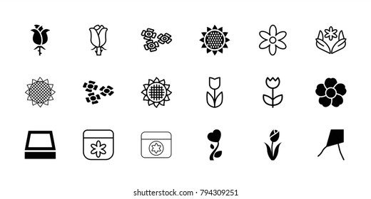 Blossom icons. set of 18 editable filled and outline blossom icons: dandelion, flower, heart flower, square plant pot, sunflower