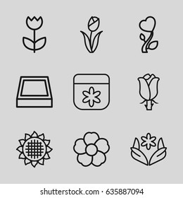 Blossom icons set. set of 9 blossom outline icons such as sunflower, flower, rose, heart flower
