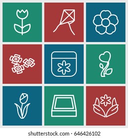 Blossom icons set. set of 9 blossom outline icons such as flower, heart flower, square plant pot