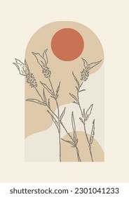 Blossom lavender stem aesthetic illustration poster. Neutral boho art print.