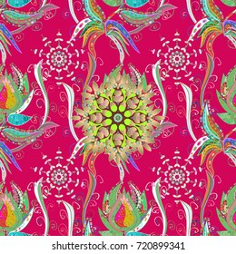 Blossom lilies seamless background. Amazing collage paradise style for floral design. Bright floral collage blossom flowers magenta, green and neutral.