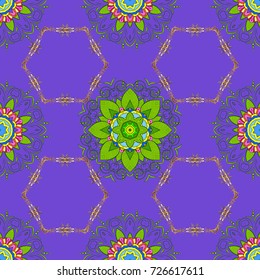 Blossom lilies seamless background. Amazing collage paradise style for floral design. Bright floral collage blossom flowers violet, green and yellow.