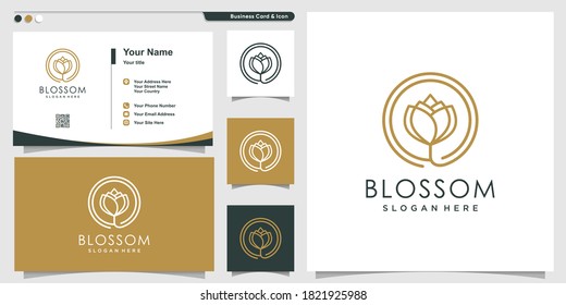 Blossom logo for company with line art style and business card design template Premium Vector