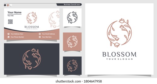 Blossom Logo With Flower Line Art Style And Business Card Design Template Premium Vector