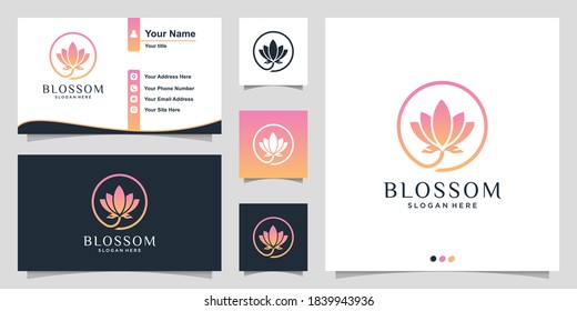 Blossom logo with modern gradient line art style and business card design template Premium Vector