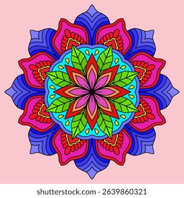 Blossom Mandala Shape, vector illustration of a flower, Vintage decorative elements. Oriental pattern, tattoo, decoration. Decorative ornament in ethnic oriental style. red, pink, blue, green color
