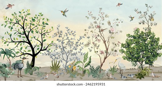 Blossom Mural, Wallpaper Design, Tree, watercolor background, Beautiful garden.