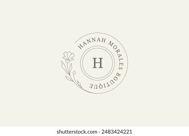 Blossom natural flower outline circle logo design template vector illustration. Botanical floral plant round monogram minimalist logotype for hairdresser designer organic cosmetics skin care