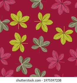 Blossom nature random seamless pattern with green scheffler flowers ornament. Pink background. Perfect for fabric design, textile print, wrapping, cover. Vector illustration.