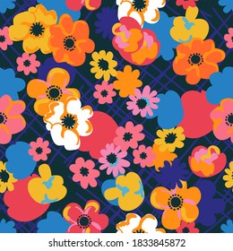 Blossom on black background. Sketchy floral print with lines. Seamless pattern with large flowers. Vintage textile collection.