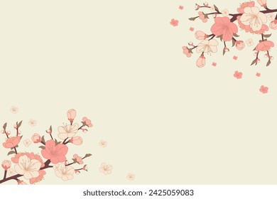 Blossom of peach branches. Japanese flowering trees, peach blossoms, spring decor Vector illustration. Banner