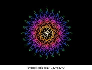 Blossom in rainbow color in Spirograph style. Abstract bloom background for design.