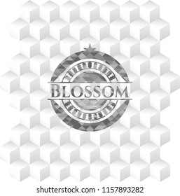 Blossom retro style grey emblem with geometric cube white background