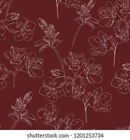 Blossom romantic floral seamless pattern. Blooming botanical motifs scattered random. Line art vector texture. Good for fashion prints. Hand drawing ink sketch white flowers on red background