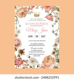 Blossom Rose Quinceaera Birthday Invitation