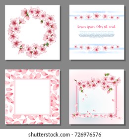 Blossom round border, flower flying petals cards vector set. Invitation, poster, Valentine card vector, banner template with pink blooming flower ring, petals. Text place in cherry bloom frame border.