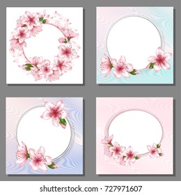 Blossom round border, flower flying petals cards vector set. Invitation, poster, Valentine card vector, banner template with pink blooming flower ring, petals. Text place in cherry bloom frame border.