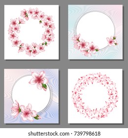 Blossom round border, flower flying petals cards vector set. Invitation, poster, Valentine card vector, banner template with pink blooming flower ring, petals. Text place in cherry bloom frame border.