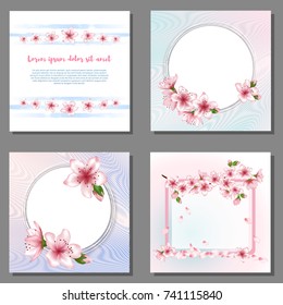 Blossom round border, flower flying petals cards vector set. Invitation, poster, Valentine card vector, banner template with pink blooming flower ring, petals. Text place in cherry bloom frame border.
