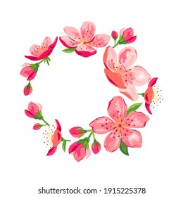 Blossom sakura, cherry flowers wreath. Place for text. Great for spring sale, oriental invite, flyer, beauty offer, wedding, bridal shower, poster, baby shower, Mother's and Women's day. Vector.