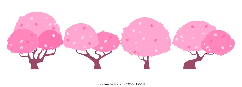 Blossom sakura tree. Set of Pink Cherry. Flat design. Vector illustration