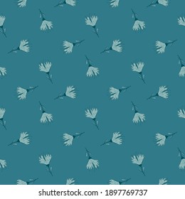 Blossom seamless abstract pattern with little flowers silhouettes. Blue background. Stock illustration. Vector design for textile, fabric, giftwrap, wallpapers.