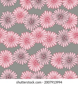 Blossom nahtloses Doodle-Muster mit rosafarbenen Sonnenblumenformen bedruckt. Grauer Hintergrund. Vintage-Kunstwerke. Vektorgrafik für saisonale Stoffdrucke, Stoffe, Banner, Hintergründe und Wallpaper.