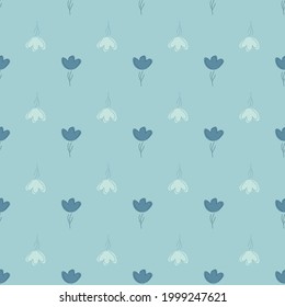 Blossom seamless pattern in blue colors with flower doodle ornament. Botanic simple style backdrop. Vector illustration for seasonal textile prints, fabric, banners, backdrops and wallpapers.