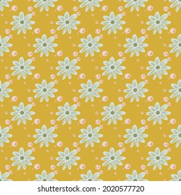 Blossom nahtloses Muster mit blauen Blumen formt Ornament. Gelber heller Hintergrund. Flacher Vektordruck für Textilien, Gewebe, Geschenkpapier, Wallpaper. Endlose Illustration.