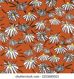 Blossom Seamless Pattern with Daisy. Retro 1970 Peace Style. Floral Seventies Background. Color vector texture for fashion, fabric, wallpaper, print. Hand drawn abstract flowers