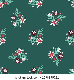 Blossom seamless pattern with doodle hand drawn foliage and flowers elements. Green background. Flat vector print for textile, fabric, giftwrap, wallpapers. Endless illustration.