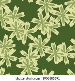 Blossom seamless pattern with light green random flowers print. Green background. Creative blossom ornament. Flat vector print for textile, fabric, giftwrap, wallpapers. Endless illustration.