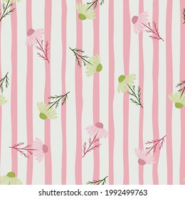 Blossom seamless pattern with meadow green and pink random camomile flowers print. Pink striped background. Great for fabric design, textile print, wrapping, cover. Vector illustration.